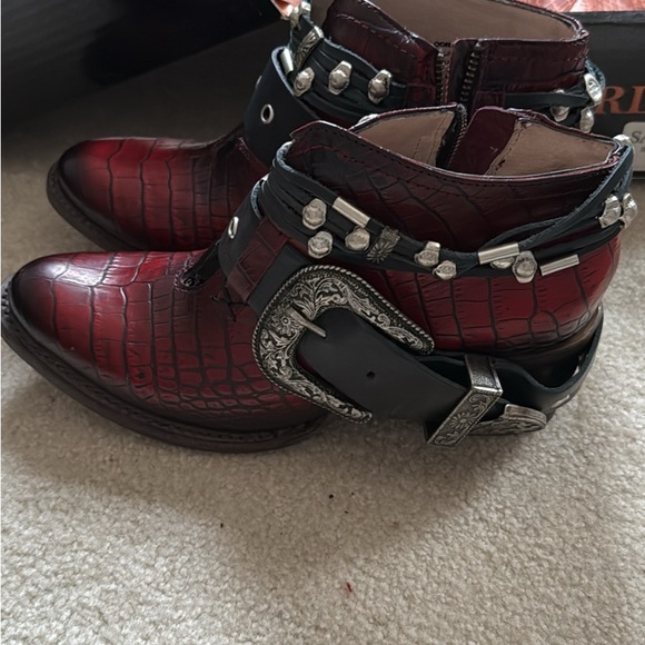 freebird Burgundy Croc-Embossed Leather Ankle Boots with Studded Buckles - Picture 3 of 8